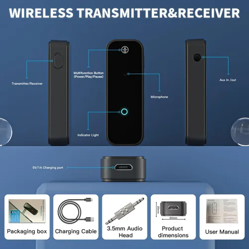 Vista 4 de Adaptador Bluetooth auxiliar portátil de 0.138 in de dientes azules adaptador auxiliar para coche 2 en 1 transmisor receptor inalámbrico Bluetooth
