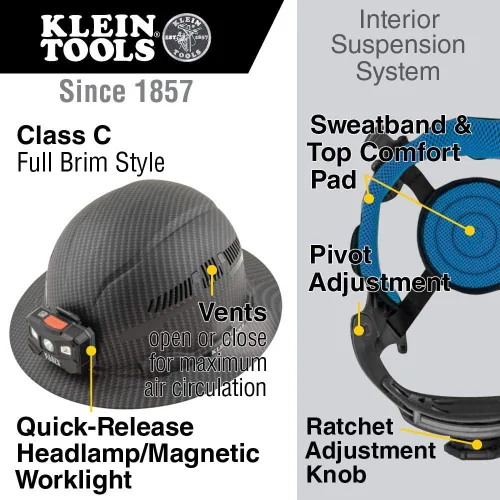 Vista 6 de Casco duro ventilado de ala completa con faro recargable blanco y casco duro 60347, ala completa ventilada, clase C, patrón KARBN premium, lámpara