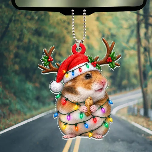 Vista 5 de Talataca Hámster con sombrero de Navidad, reno con cadena de luces 2D plano para espejo retrovisor para automóvil, accesorios para el árbol