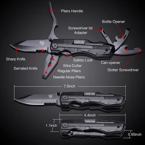 Vista 2 de Cuchillo de bolsillo multiherramienta para hombres, relleno de calcetines de Navidad, regalos para novio, él, marido, papá, alicates tácticos