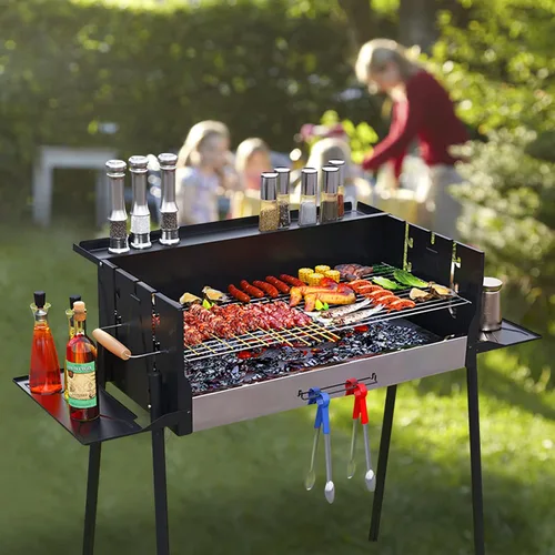 Vista 2 de Ergocar Parrilla de barbacoa, barbacoa portátil de acero inoxidable, parrilla de carbón desmontable con soporte, parrillas para ahumar