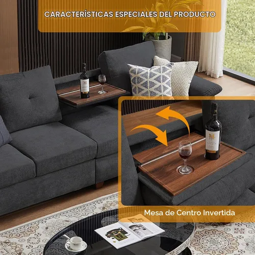 Vista 6 de Sofá Seccional Convertible, Sofá en Forma de L de 4 Asientos con Almacenamiento, Respaldo Alto y Portavasos, Sofás Modernos de Tela de Microfibra