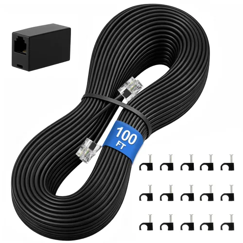 Vista 11 de Uvital Cable de extensión de teléfono de 15 pies, acoplador RJ11 y clips de Negro
