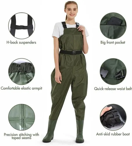 Vista 5 de Vadeadores de pecho con botas, de 2 capas de PVC/nailon, impermeables, para caza, pesca, camuflaje y pesca Verde militar