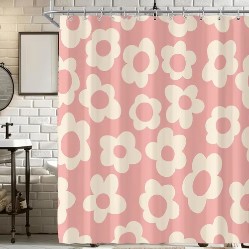 Vista 47 de Cortina de ducha pequeña para casa rodante, tamaño medio, estilo retro de los 70, con flores bonitas, estética abstracta de margaritas, decorativa