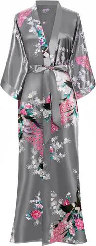 Vista 8 de BABEYOND Bata tipo kimono para mujer, bata larga de satén con estampado de pavo real y flores Verde