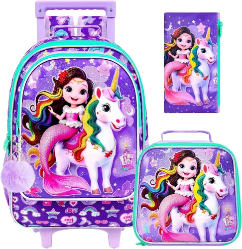 Vista 13 de Mochila con ruedas para niñas, Fox Kids School Mochilas con ruedas, mochila enrollable con lonchera para preescolar primaria (blanco)
