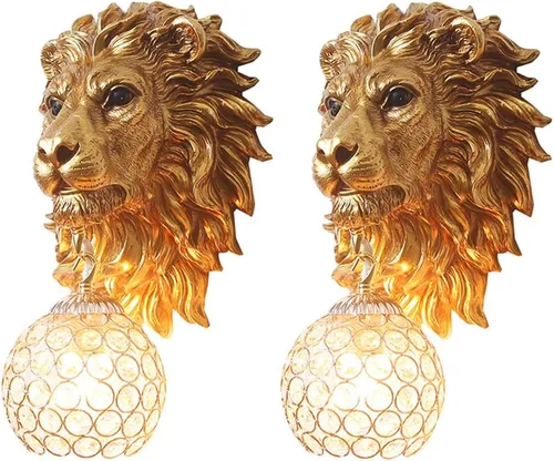 Vista 13 de Apliques de decoración de pared con cabeza de león, apliques de cristal barroco retro, lámparas de pared de lujo doradas para sala de estar
