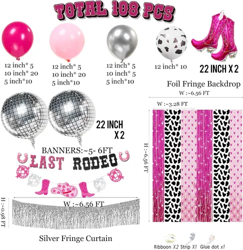 Vista 6 de Decoración de fiesta de despedida de soltera de vaquera con arco de globos de color rosa intenso y plateado, botas de disco con estampado de vaca