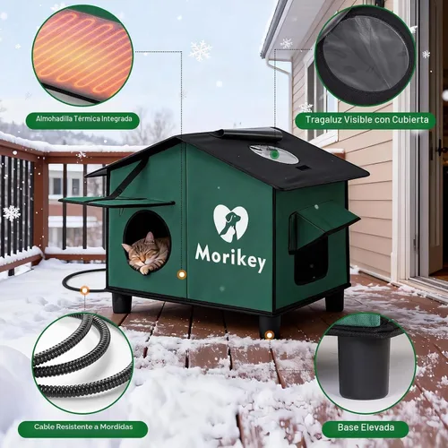 Vista 4 de Casa térmica para gatos para exteriores, casa aislada para gatos al aire libre con almohadilla térmica, refugio resistente a la intemperie
