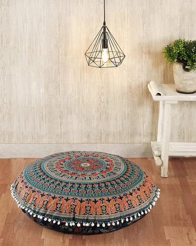Vista 2 de Popular Handicrafts Funda de cojín de suelo – Funda de cojín de mandala de elefante hippie grande de algodón – Funda de puf redonda bohemia Azul