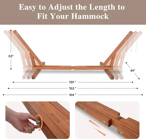 Vista 3 de SUNCREAT Soporte de hamaca de madera ajustable de 12 a 14 pies, solo soporte de hamaca de madera de alerce para exteriores, capacidad de 475 libras