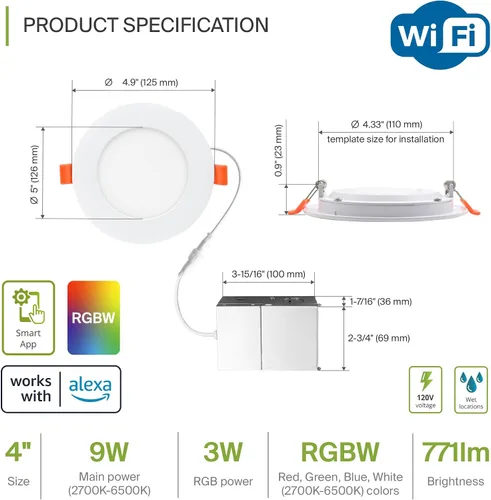 Vista 2 de ASD 1 Pack LED Smart Recessed Lighting 4 Inch 9W, RGBW Color Changing Lights, Compatible with Alexa & Google Assistant, Dimmable 2700K-6500K