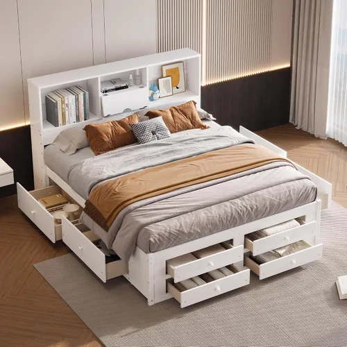 Vista 15 de VilroCaz Cama de plataforma multifunción tamaño twin con escritorio y estante de almacenamiento al final de la cama, marco de cama de plataforma