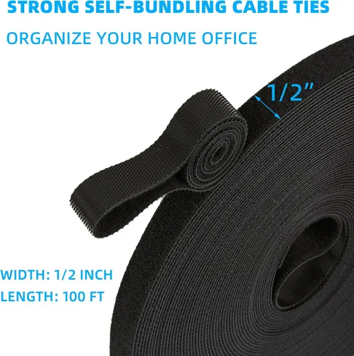 Vista 2 de Rollo de gancho y bucle de 100 pies x 1/2 pulgada, bridas de sujeción reutilizables, correas de cables multiusos para organizar el hogar, la oficina