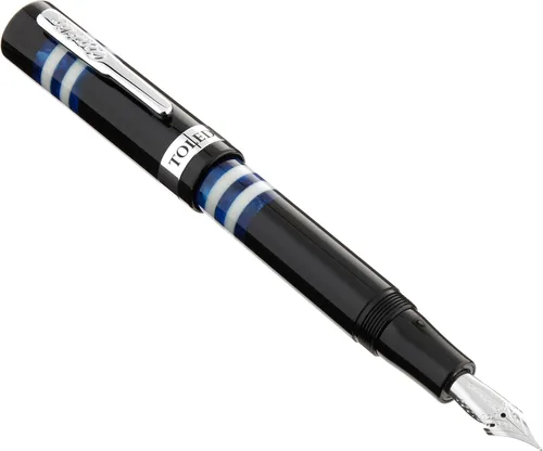 Vista 14 de Conklin Toledo - Pluma estilográfica en negro con segmentos de anillo azul y blanco, punta media, pluma estilográfica de lujo con detalles cromados