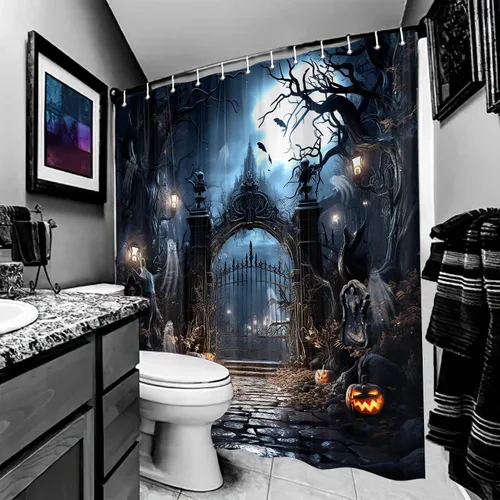 Vista 4 de Halloween Haunted Graveyard Shower Curtains, Horror Forest Shower Curtain for Bathroom, Scary Pumpkin Lantern Tombstone Skull Fabric Waterproof