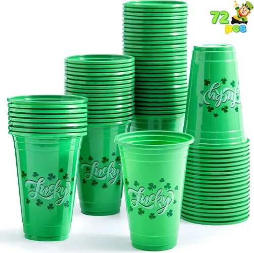 Vista 9 de JOYIN 72 vasos de plástico de 16 onzas para el día de San Patricio, vasos desechables verdes a granel con 4 patrones de caldero de trébol