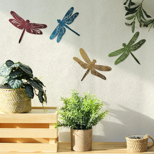 Vista 3 de Teling 4 piezas de arte de pared de colibrí de metal, libélula de metal, decoración de pared para casa de campo moderna, rústica, sala de estar