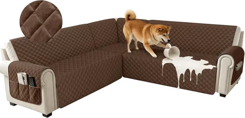 Vista 34 de Fundas impermeables para sofá seccional de esquina en forma de L, de terciopelo, juego de 6 piezas, funda en forma de U para sofá, para perros