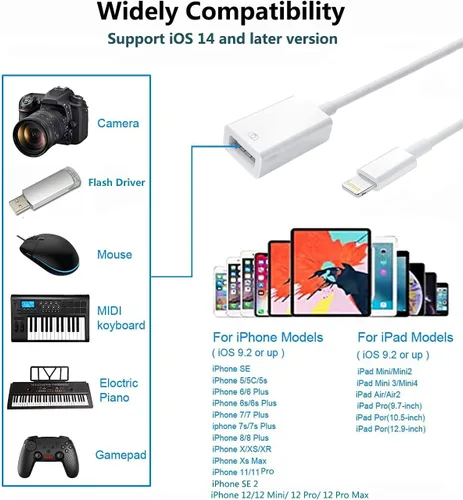 Vista 5 de Apple Lightning a adaptador de cámara USB, cable USB 3.0 OTG para iPhone/iPad para conectar lector de tarjetas, unidad flash USB, disco U, teclado