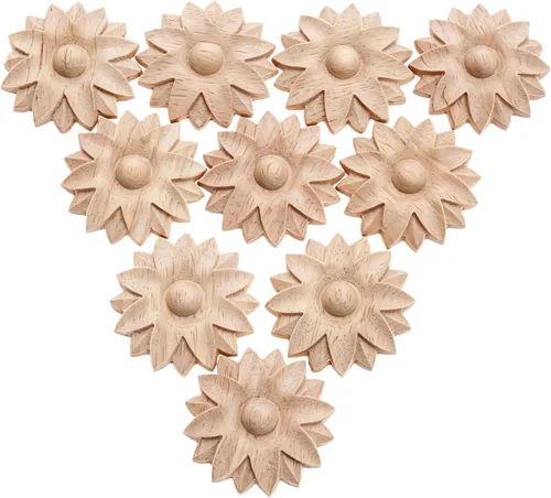 Vista 8 de MUXSAM Paquete de 10 rosetas de madera, apliques pequeños onlay, sin pintar, calcomanías redondas de tallado de flores para el hogar, armarios
