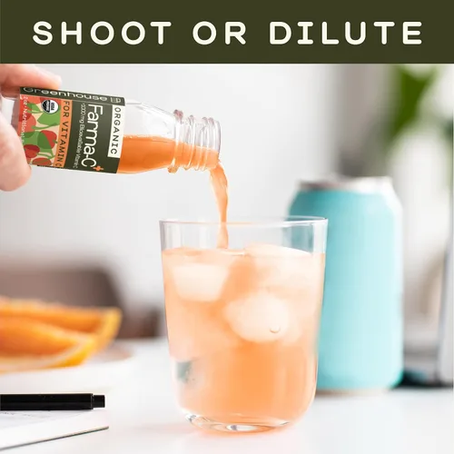 Vista 5 de Jugo de invernadero orgánico Farma-C+ Wellness Shots Vitamina C Inmune Shot prensado en frío con naranja, cereza de acerola, bayas de espino