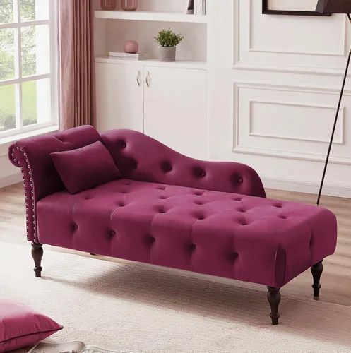 Vista 7 de Tumbona moderna de terciopelo de 60.6 pulgadas para interiores, silla de salón tapizada con cabeza de clavo recortada y patas de madera maciza, sofá