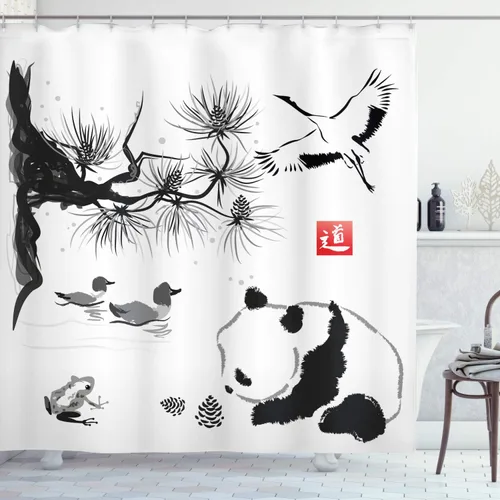 Vista 7 de set de cortina para baño decorativa de tela de poliéster con ganchos