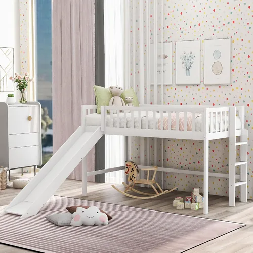 Vista 9 de Harper & Bright Designs Cama loft de madera de tamaño matrimonial con tobogán, marco de cama baja para niños y niñas, no necesita somier, ahorro