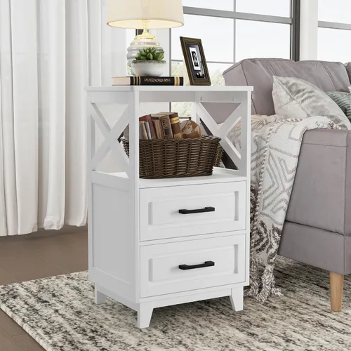 Vista 25 de FansaFurn Farmhouse - Mesa auxiliar con estación de carga para dormitorio Mesitas de noche rústicas blancas con armario de almacenamiento y Blanco