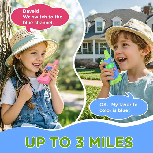 Vista 4 de Walkie Talkies para niños, 5 canales coloridos de radio de 2 vías, brújula, linterna y lupa, alcance de 3 millas para juego de aventura, exterior