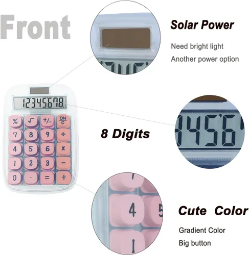 Vista 2 de Calculadora linda, calculadora mecánica (rosa) Pantalla LCD grande Pantalla de inclinación de 8 dígitos y botón grande para profesores estudiantes