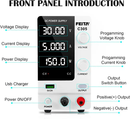Vista 6 de FEITA Fuente de alimentación de CC variable, 30 V 5 A, fuentes de alimentación de laboratorio de banco de alta precisión ajustable con pantalla LED