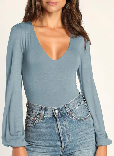 Vista 2 de Dokotoo Body de manga larga abombada con cuello en V profundo para mujer, color liso, con vuelo