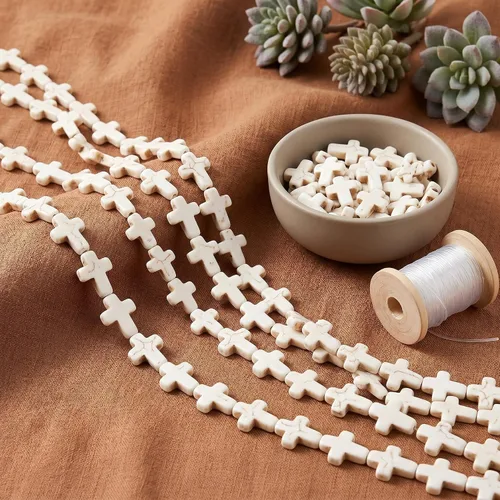 Vista 6 de Jucoan 240 cuentas espaciadoras de cruz blanca y turquesa gruesa, cuentas pequeñas con dije de cruz religiosa para pulseras, collares, rosario