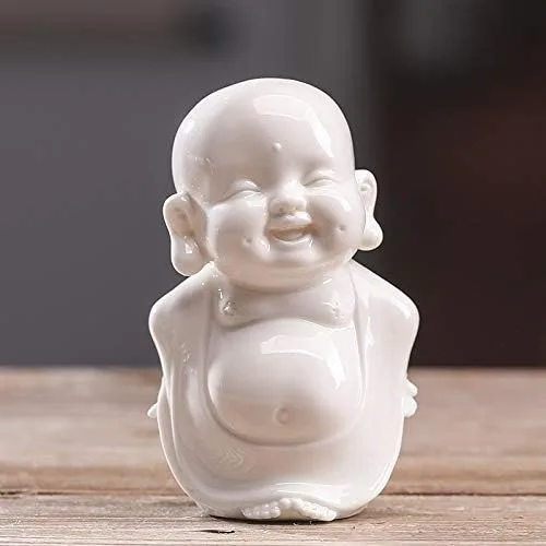 Vista 5 de Kingzhuo Juego de 3 estatuas de monje de Buda sonriente de cerámica, figuras de porcelana blanca, adornos de muñecas coleccionables felices, figuras
