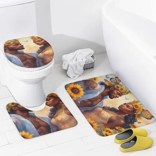 Vista 3 de Juego de alfombras de baño ultrasuaves de 3 piezas antideslizantes, tapetes de baño para parejas afroamericanas, juego de baño con alfombras