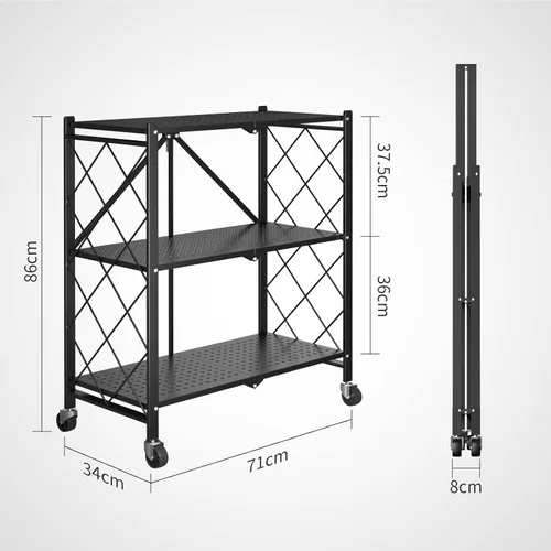 Vista 3 de Muichi Estante plegable de 3 niveles, estantes plegables con ruedas, estantes plegables, unidad de estantería de metal, organizador
