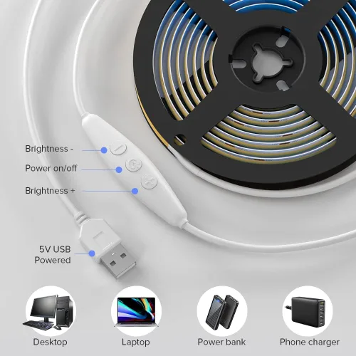 Vista 2 de Tira de luz LED USB de 6.56 pies, 5 voltios alimentada por USB, luces LED COB regulables, 3000 K, blanco cálido, 0.315 in, tiras flexibles de alta