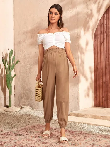 Vista 5 de OYOANGLE Pantalones de maternidad para mujer, de cintura alta, color liso, para trabajo, zanahoria, para embarazo, pantalones deportivos