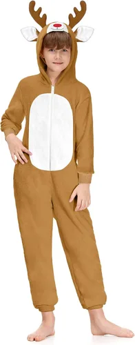 Vista 2 de IIMMER Mono unisex de Navidad con nariz roja y reno marrón lindo disfraz de animal de Navidad con cremallera mono de felpa con cremallera 5-12 años