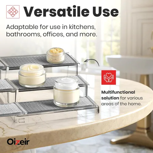 Vista 5 de Oizeir Estante organizador de especias expandible – 3 niveles – Estante transparente ajustable para organización de especias para armario de cocina