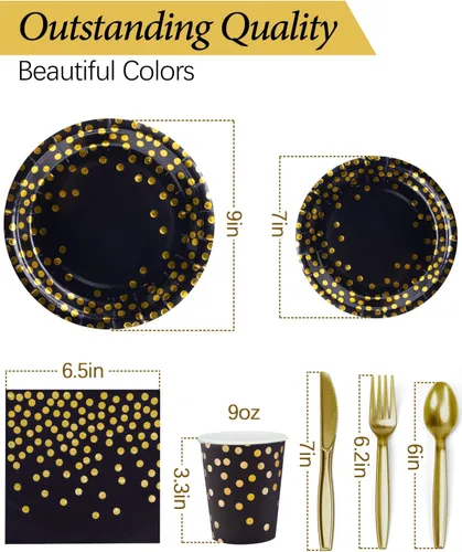 Vista 7 de 224 piezas de suministros para fiestas, platos de fiesta negros y dorados, juegos de vasos y servilletas con cuchillos, tenedores y cucharas