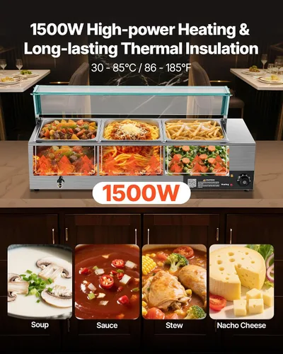 Vista 2 de VEVOR Calentador de Alimentos Comercial, Calentador de Alimentos al Vapor Eléctrico de Acero Inoxidable de 1500W con Tapa de Vidrio, Baño María