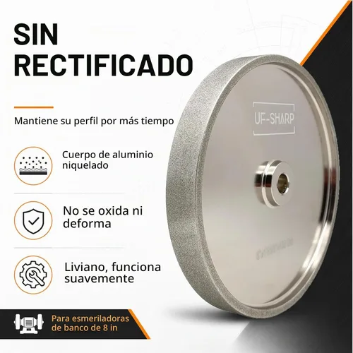 Vista 4 de Rueda de molienda CBN UF-SHARP de 8 pulgadas, grano 80, 1" de ancho, eje de 5/8", adecuada para todo tipo de amoladoras de banco de 8 pulgadas