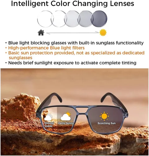 Vista 3 de Jawploy Smart Glasses Bluetooth Audio Glasses Sunglasses Blue Light Glasses for Men Women Color-Change UV Protection Dual Mic