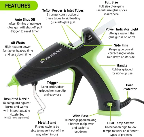 Vista 7 de Pistola de pegamento caliente Surebonder con apagado automático, doble temperatura, tamaño completo, 1.5 veces la potencia de las pistolas