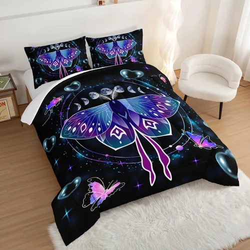 Vista 3 de Juego de edredón de mariposa HOSIMA con 2 fundas de almohada, edredón de galaxia con cielo estrellado lunar, decoración de habitación de mariposas