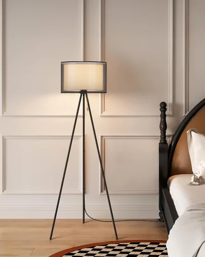 Vista 7 de KDG Lámpara de pie moderna, lámpara de trípode alta para sala de estar, dormitorio, oficina; pantalla de tela, bombilla LED, luz cálida (negro)